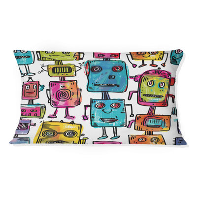 Pink Blue Robot Friends III - Kids Lumbar Pillow