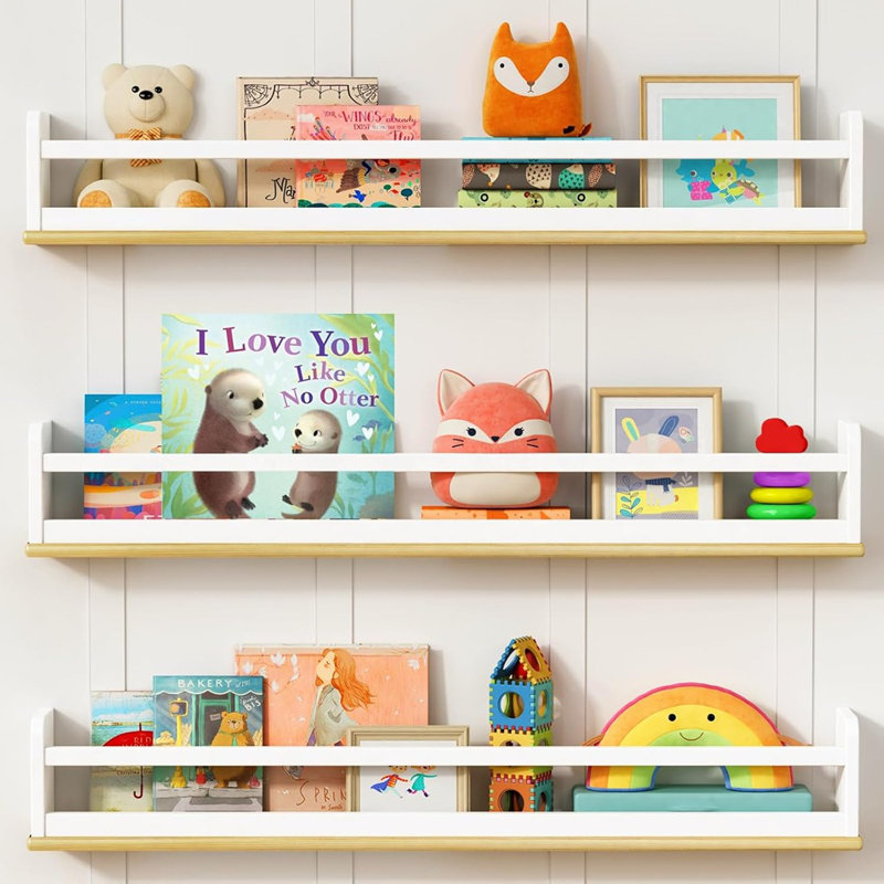 White And Wood Nursery Floating Bookshelves For Wall, Hanging Book Shelves For Bedroom Classroom Library, Set Of 3