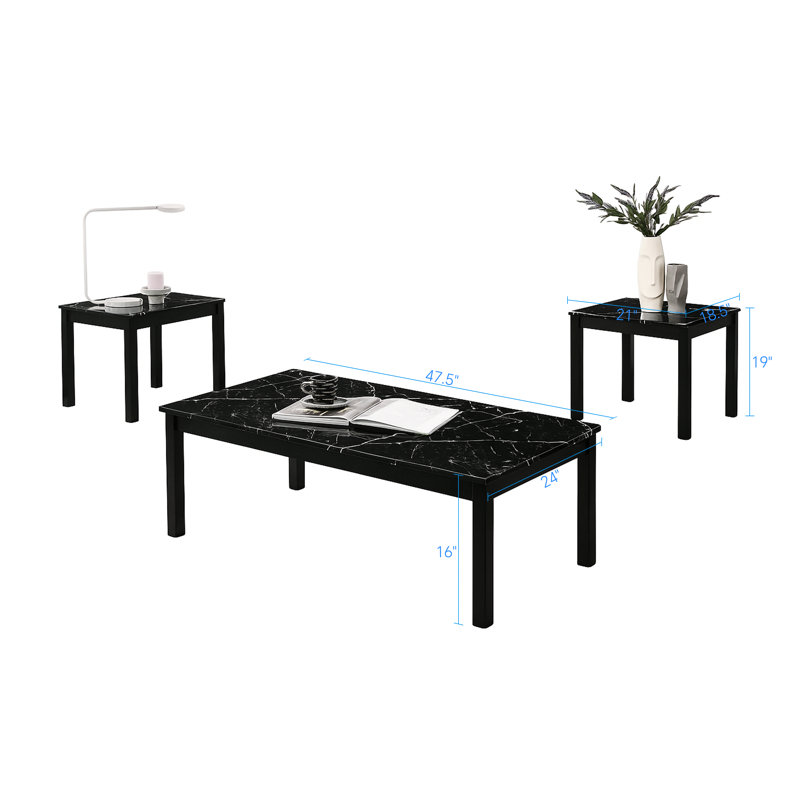 3-Piece Marble Top Coffee Table Set: Modern Rectangular Centre Table with 2 Matching End Tables, Sturdy Solid Wood Legs for Living Room, Apartment, Small Spaces