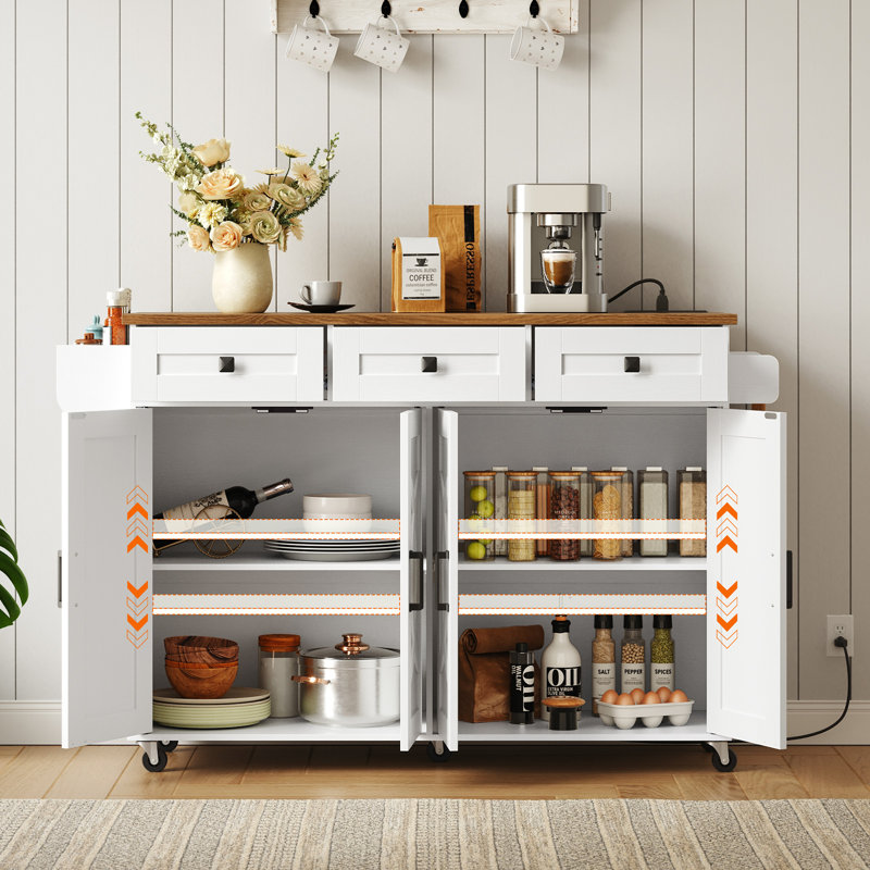Chariot roulant pour îlot de cuisine avec plateau de boucher - Poste de travail portatif avec tablettes de rangement et roulettes verrouillables