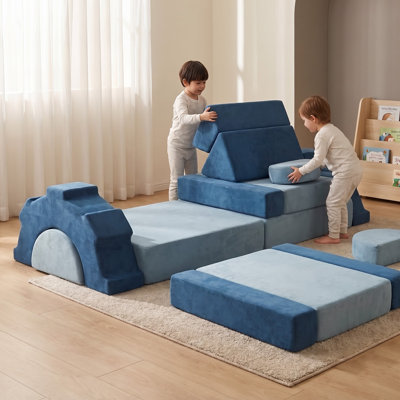 Canapé de jeu modulaire en mousse pour tout-petits, canapé convertible en mousse haute densité 25D avec housse en velours lavable, emballé compressé, bleu foncé et bleu pâle pour coin lecture/salle de jeux