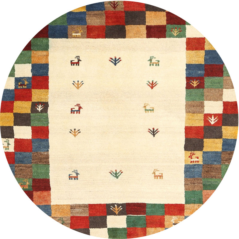 Tapis abstrait beige / vert / rouge Abrar, Rond 3 pi