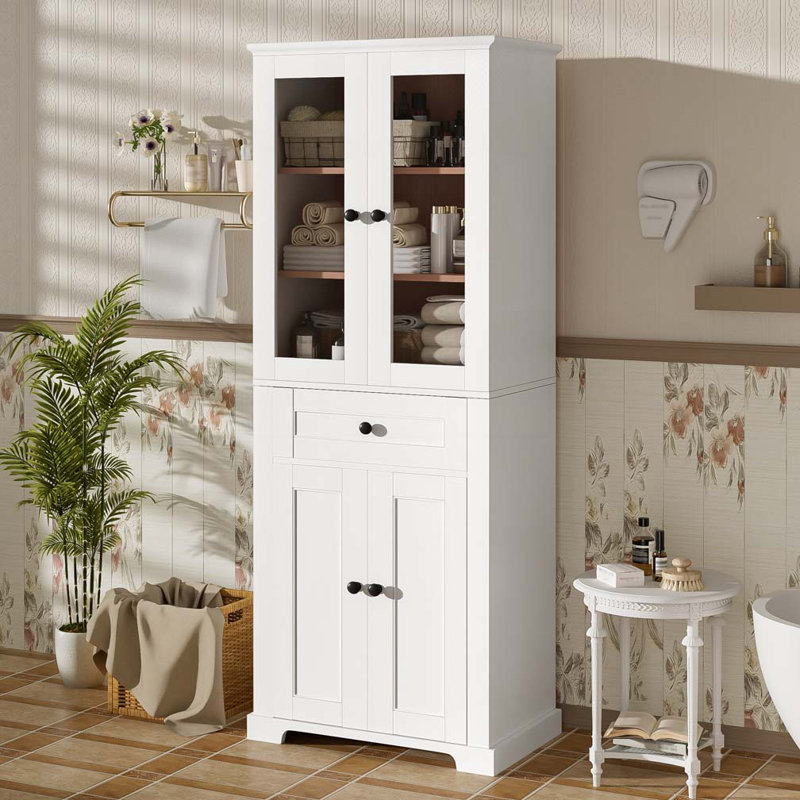 Armoire de rangement de 67,2 po de hauteur avec portes en verre trempé, tablettes réglables et tiroir, Blanc