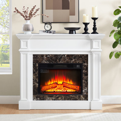 Electric Fireplace With , White 44.9"W*11.8"D*40", Space - Saving, Adjustable Flame, Realistic Stacked Stone, Remote Control Freestanding Heater Stone Surround, 3 Brightness Levels, Temperature,