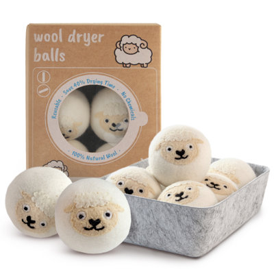 6 boules de séchage en laine XL, boules de séchage biologiques, formes de mouton, laine naturelle réutilisable, réduire le temps de séchage, avec boîte de rangement résistante à l'humidité, aide au lavage écologique, blanc