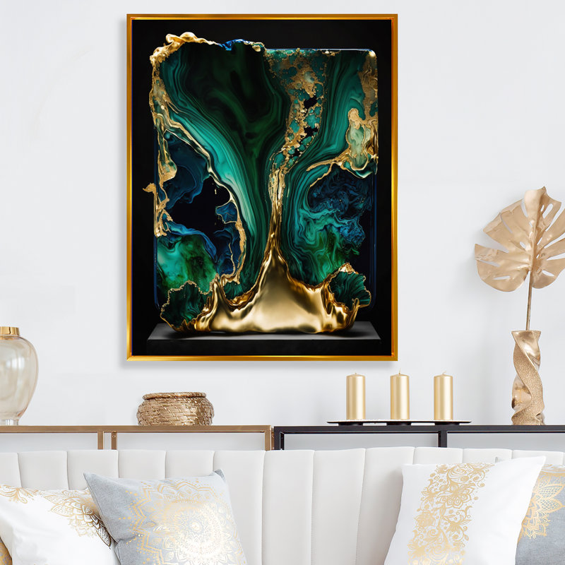 Géode abstraite marbre vert et bleu I - art mural abstrait en marbre, L 12 po x H 20 po, Toile avec cadre flottant or