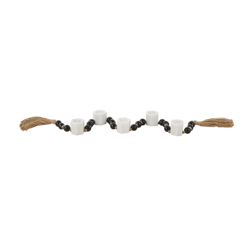 Cole And Grey Marble Garland Decorative White Candle Holder With Brown Tassel And Black Beads, 2.1" H x 50" W x 2.1" D