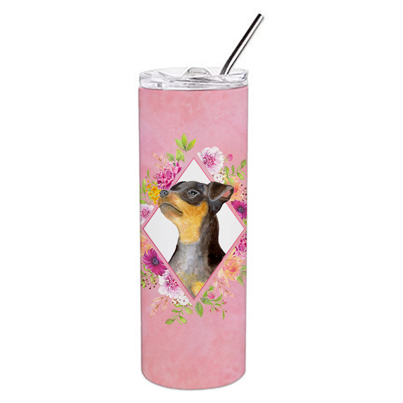 E23BF9F8391D466E9CA4F8DFEBD9A7DB de verre 20 oz à double paroi en acier inoxydable chiot, Black Miniature Pinscher, Rose