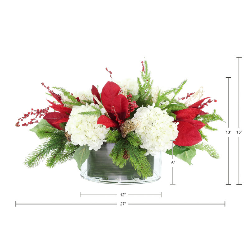 Holiday Floral Arrangement with Hydrangeas, Evergreen and Berries