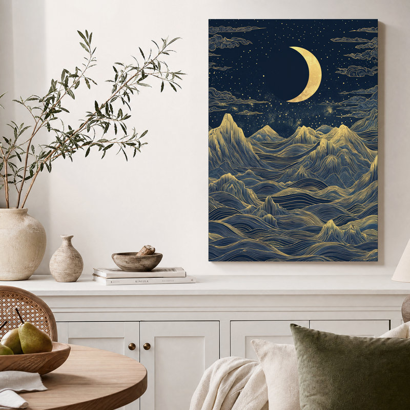 Art mural sur toile Golden Crescent Moon Over Stylized Mountains, H 30 po x l 20 po