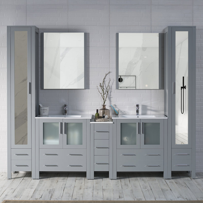 102'' Double Bathroom Vanity Set – Solid Wood Cabinet, Dual Ceramic Sinks, Soft-Close Drawers, Side Cabinet, Mirrors & Linen Towers