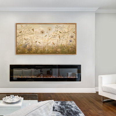 Art mural encadré, "Oiseaux parmi les fleurs sauvages au crépuscule", grande œuvre d'art horizontale de la nature pour salon 60 "x H 30"
