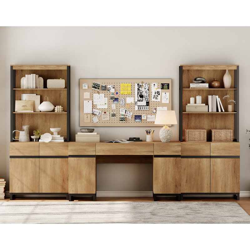 Home Office Furniture Set: 59" Modern Executive Desk With Charging Station & Storage Cabinet + 72" Tall Bookcases, Wood Computer Desk & Library Storage Shelf Cabinet For Work Study, Oak