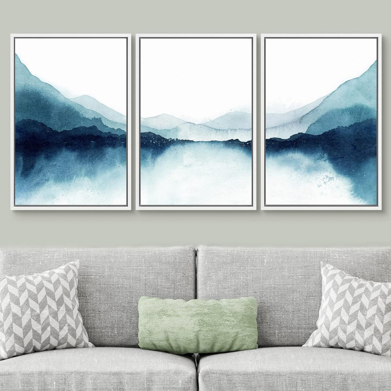 Abstract Landscape " Teal Duotone Mountain Lake Reflection " 3 - Pieces, 36" H x 72" W x 1.5" D, White