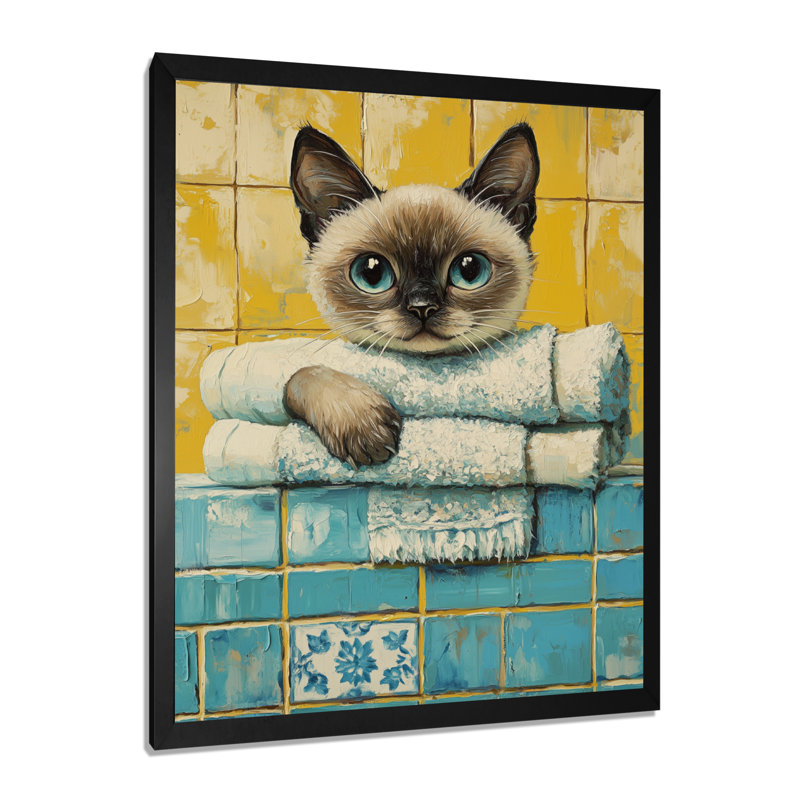 Coup d'œil à l'heure du bain - Affiche encadrée d'un chat siamois, H 20 po x l 12 po, Cadre photo noir