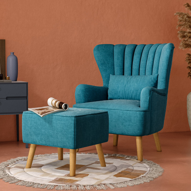 Kiro Upholstered Wingback Chair with Footstool, Blue