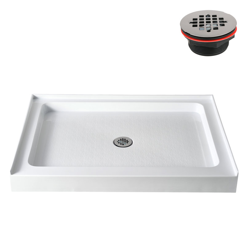 Base de douche 48 po x 36 po Alcove en acrylique blanc brillant avec bonde centrale, bonde incluse, Blanc lustré