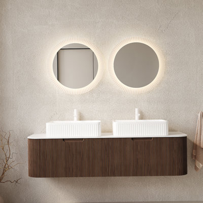 Meuble-lavabo mural avec lavabo, avec armoire de rangement, tiroirs et lavabos en céramique pour une utilisation pratique dans la salle de bain.