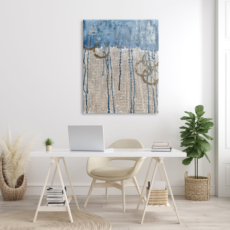 Abstrait bleu dégoulinant sur une grille de style osier - Peinture, H 48 po x l 36 po x P 1,5 po, Toile tendue