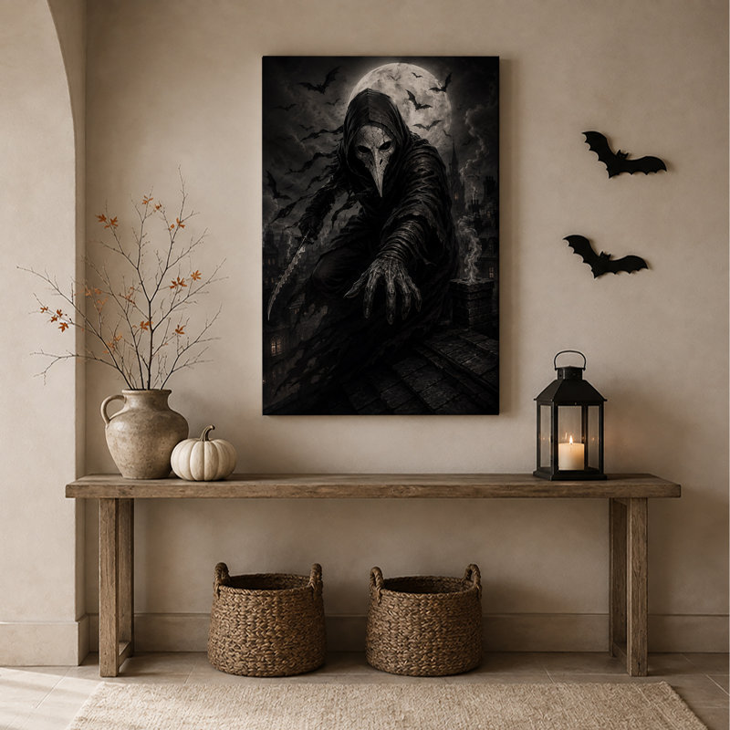 «Dark Plague Doctor on Gothic Rooftop Under Full Halloween», art mural sur toile, 36"H x 24"W