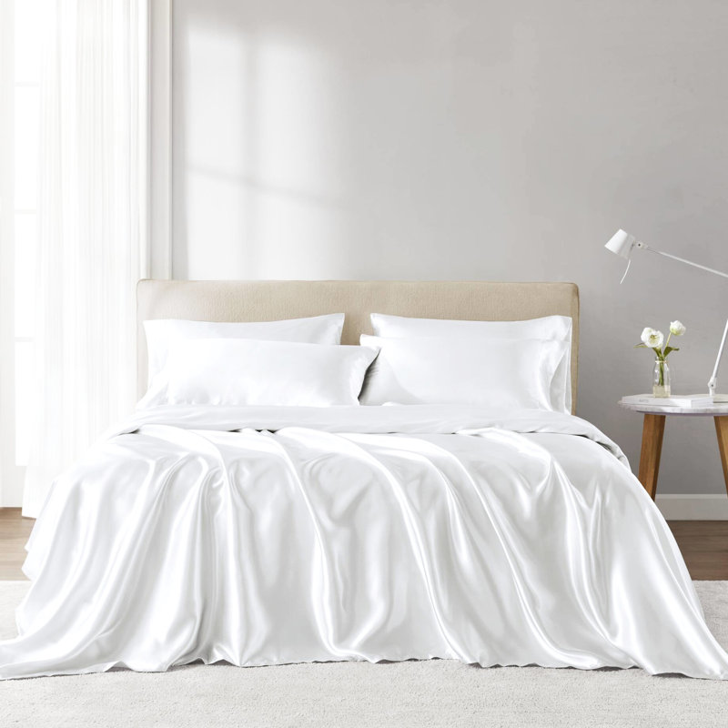Drap-housse pour lit simple en satin de luxe blanc 4 pièces