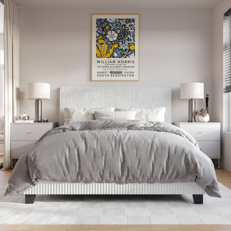 Pravesh Corduroy Upholstered Bed, King, White