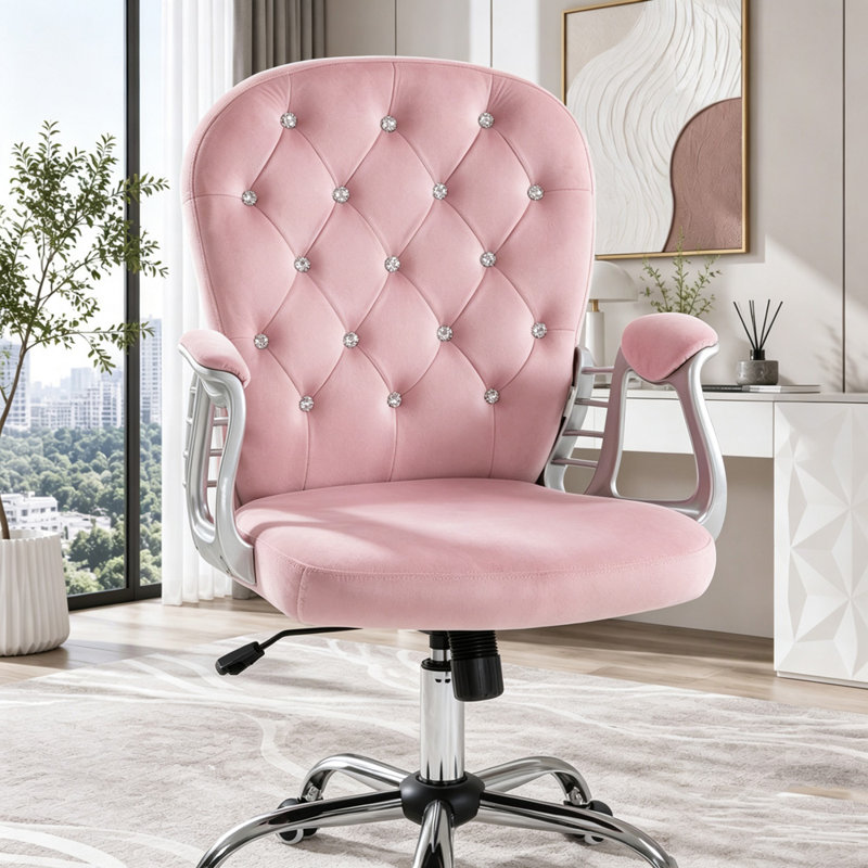 Chaise de bureau en velours capitonnée, polyester, Rose, Rose