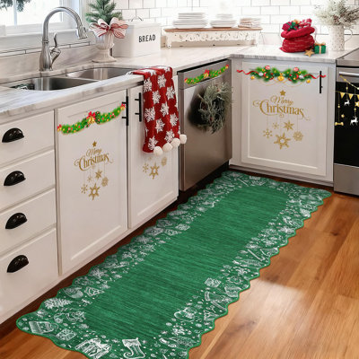2x6ft Scalloped Christmas Rug Non Slip, Washable Low Pile Non Shedding Xmas Holiday Carpet Indoor Printed Area Rug