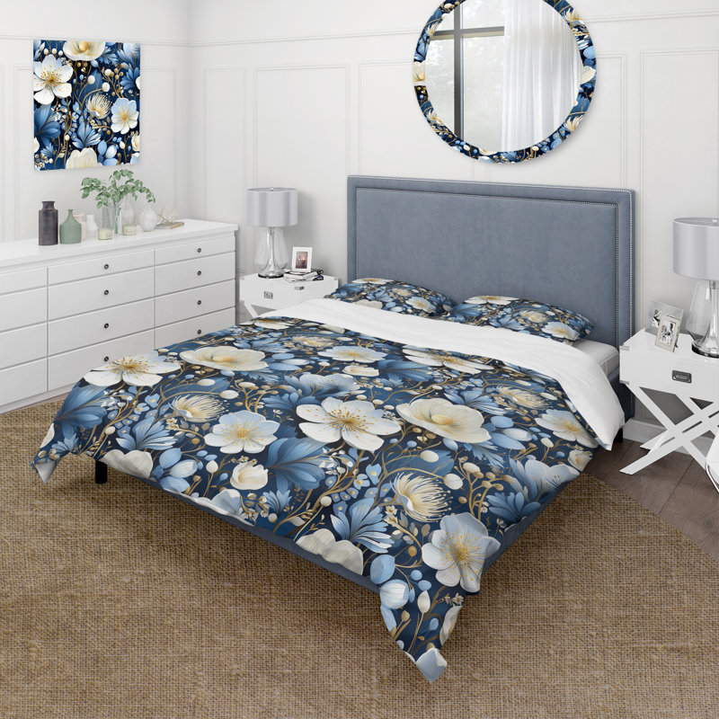 Ensemble de housse de couette à motif floral blanc et bleu Meadow Serenity II