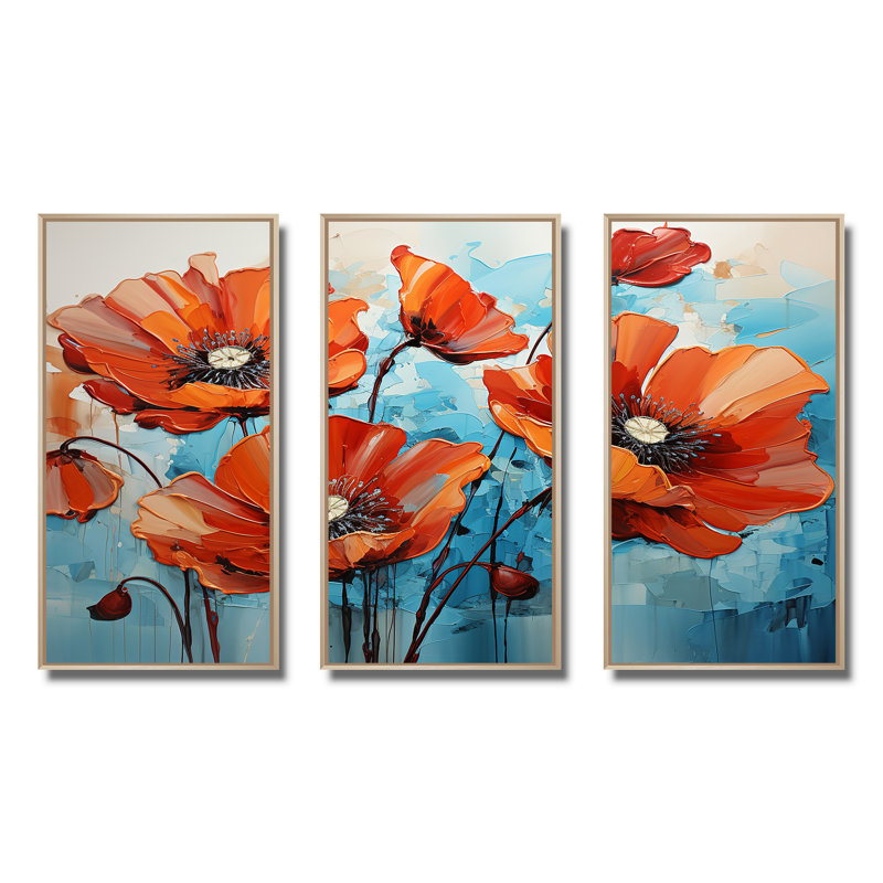 Orange et bleu «Poppy Meadow» - art mural coquelicots, Cadre flottant brun, H 28 po x l 36 po x P 1 po