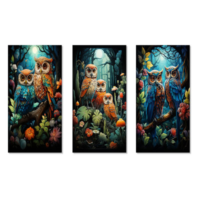 Native Owls - Gardiens de la forêt - Ensemble de 3 décorations murales en métal animaux hiboux