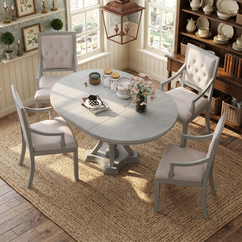 Ensemble de table de salle à manger 5 pièces pour 4 personnes, table ronde extensible et 4 chaises rembourrées avec accoudoirs, structure en bois massif gris antique pour la salle à manger, la cuisine et le salon