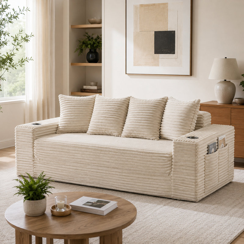 Canapé-lit convertible compressible de 77 pouces, conception avant extensible avec poches de rangement et porte-gobelets pour utilisation à domicile