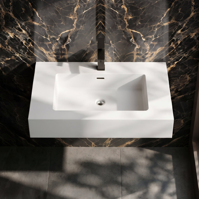 Lavabo de salle de bain mural en résine de pierre 30 po blanc
