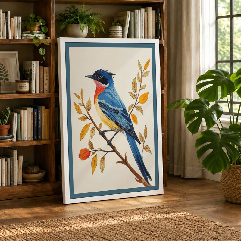 Kingfisher on Golden Branch Botanical - Wrapped Canvas, 24x16 - 61.0 x 40.6 cm, Ochre Border