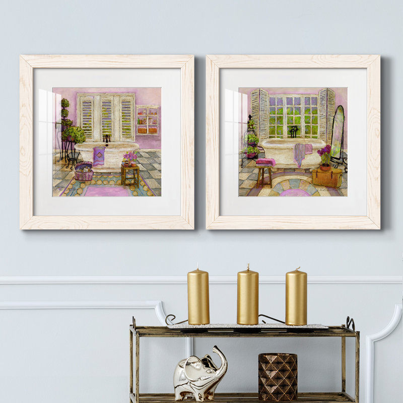 Sunny Day Bath I - ensemble de 2 peintures encadrées, H 17 po x l 34 po x P 1,5 po, Cadre blanc