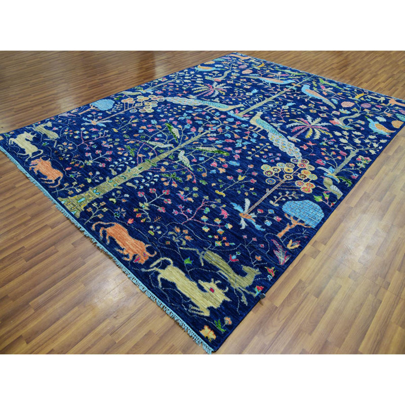 Tapis traditionnel bleu royal en laine noué à la main 9 pi 0 po x 12 pi 0 po