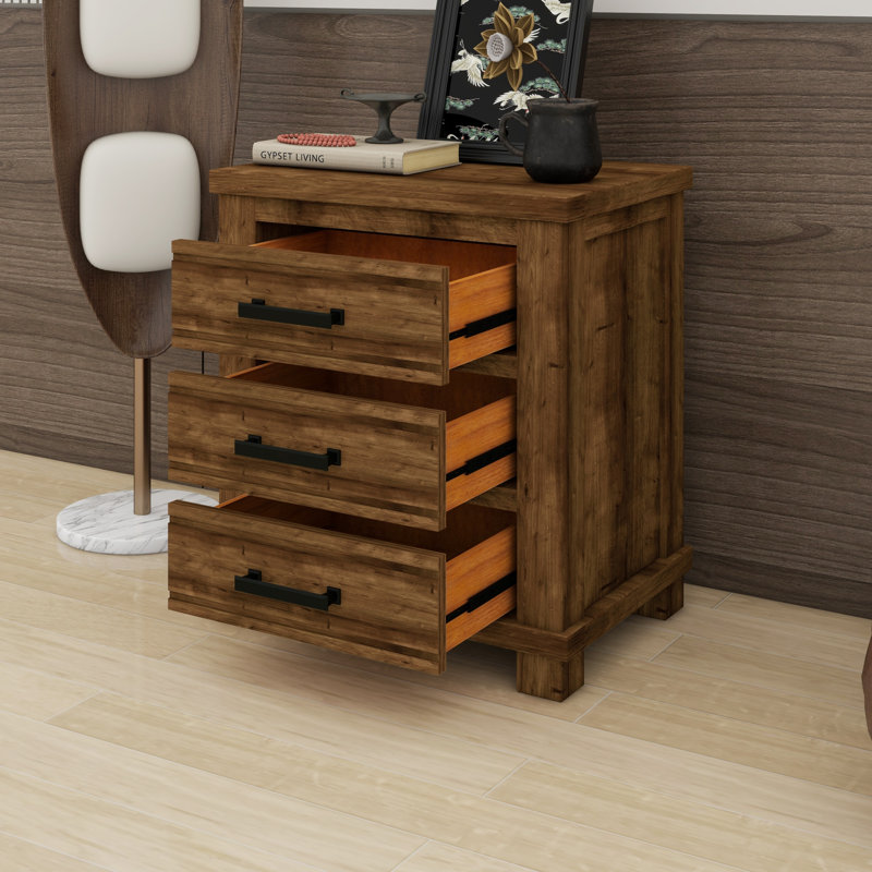 Table de chevet rustique en bois à trois tiroirs