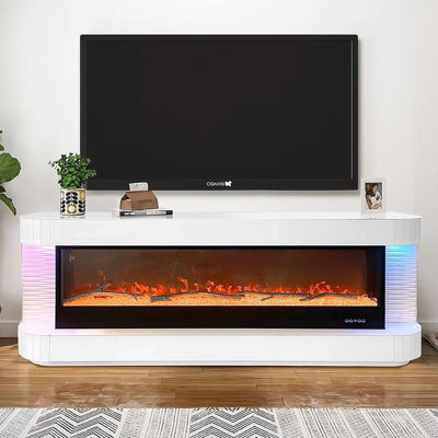 WHITE MIRRORED TV STAND W/HEATED FIREPLACE OF 7 COLOR CHANGING LED LIGHT BLUETOOTH SPEAKER AND WIRELESS CHARGER