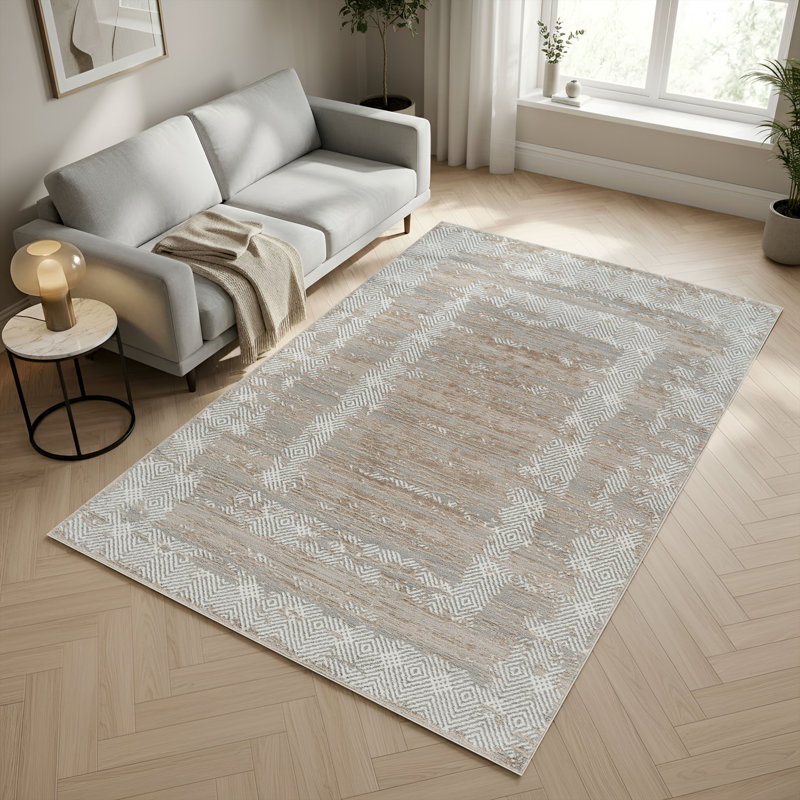 Alison Beige & Gray Abstract High-Low Modern Rug, 10'0" x 14'0", Beige/Gray