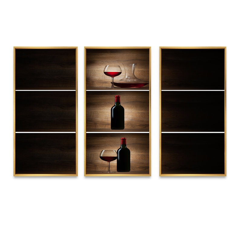 Bouteille verte avec vin rouge et verre - ensemble d'art mural sur toile, Or, H 32 po x l 48 po x P 1 po