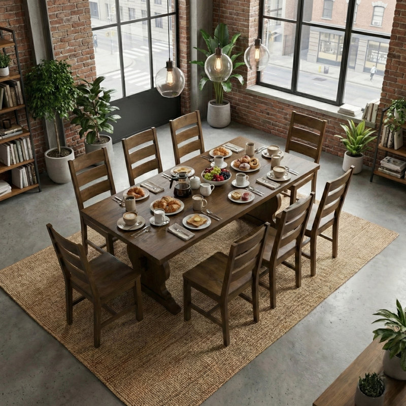 Almeda Traditional 70.8" Rectangular Dining Table Set, 9 Pieces: Table, 8 Chairs, Brown