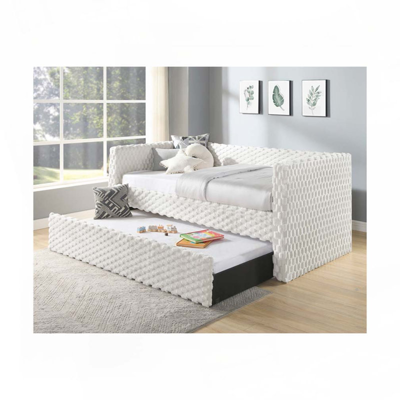 Daybed Armrest Pull Out Trundle ,Textured Fabric, White