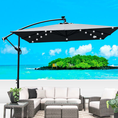 Grand parasol de patio carré de 2,5 po x 2,5 m avec résistance solaire, 8 nervures, manivelle, base transversale pour abat-jour extérieur de terrasse de piscine à DEL, eau, actionné, terrasse, cour arrière, zone
