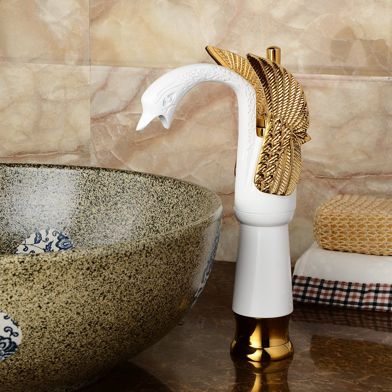 Robinet pour vasque de salle de bain monocorps et monocommande Swan, Blanc et doré