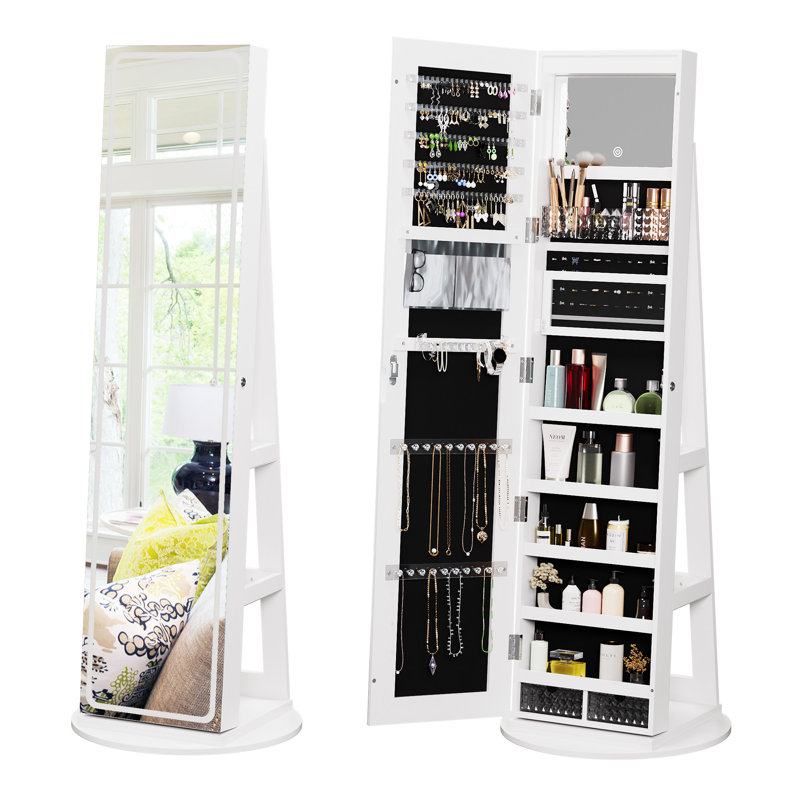 LED Jewelry Cabinet with Full-length Mirror, 360°Swivel Jewelry Armoire Organizer, White