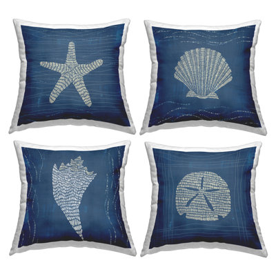Blue Wave Pattern Shells Decorative Printed Throw Pillow Design by Jetty Home, LLC (Set of 4)