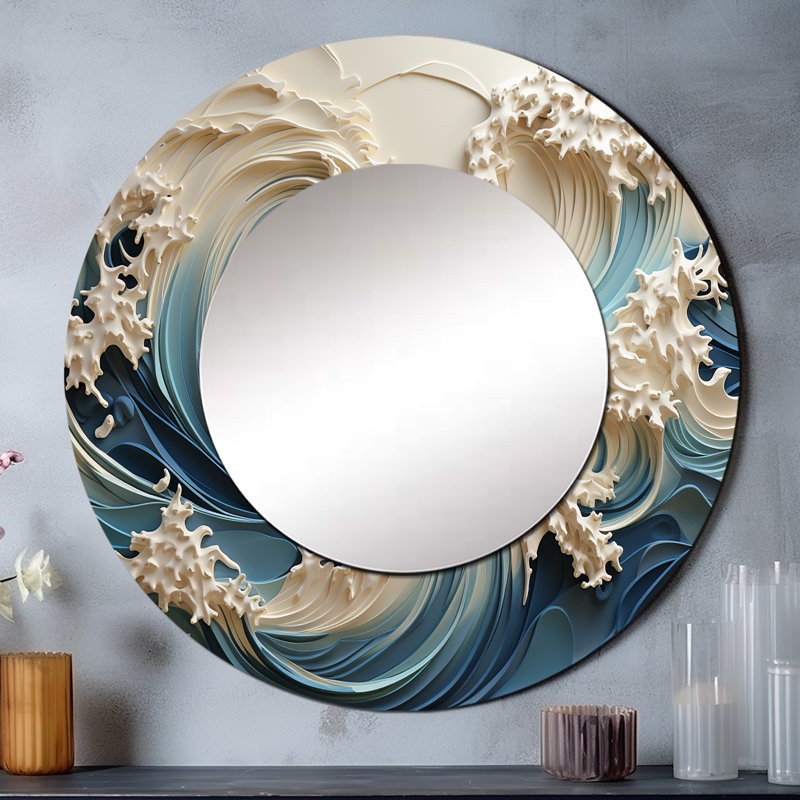 Miroir rond en métal White Wave Papercut Style III - Coastal Waves, 29 po x 29 po