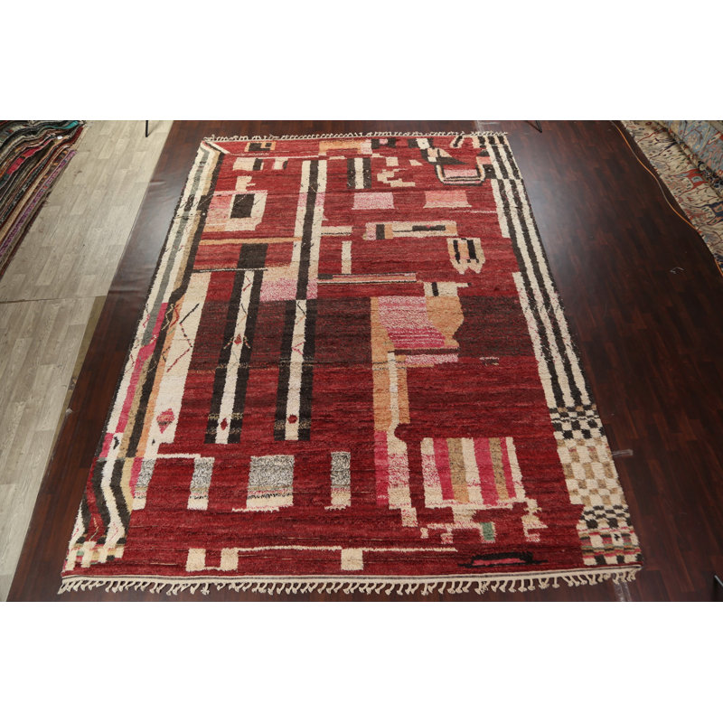 Tapis rouge noué à la main de conception unique 11 pi 8 po x 15 pi 6 po