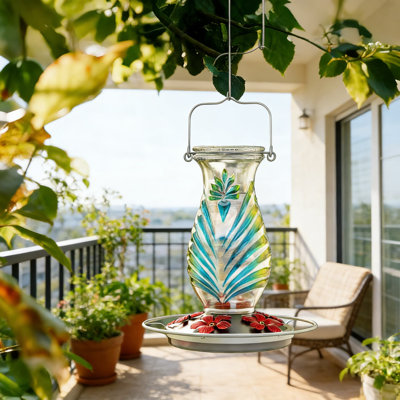 Mangeoire en verre pour colibris avec perchoir, mangeoire pour oiseaux 24Oz avec 5 ports d'alimentation pour la décoration de jardin et de jardin